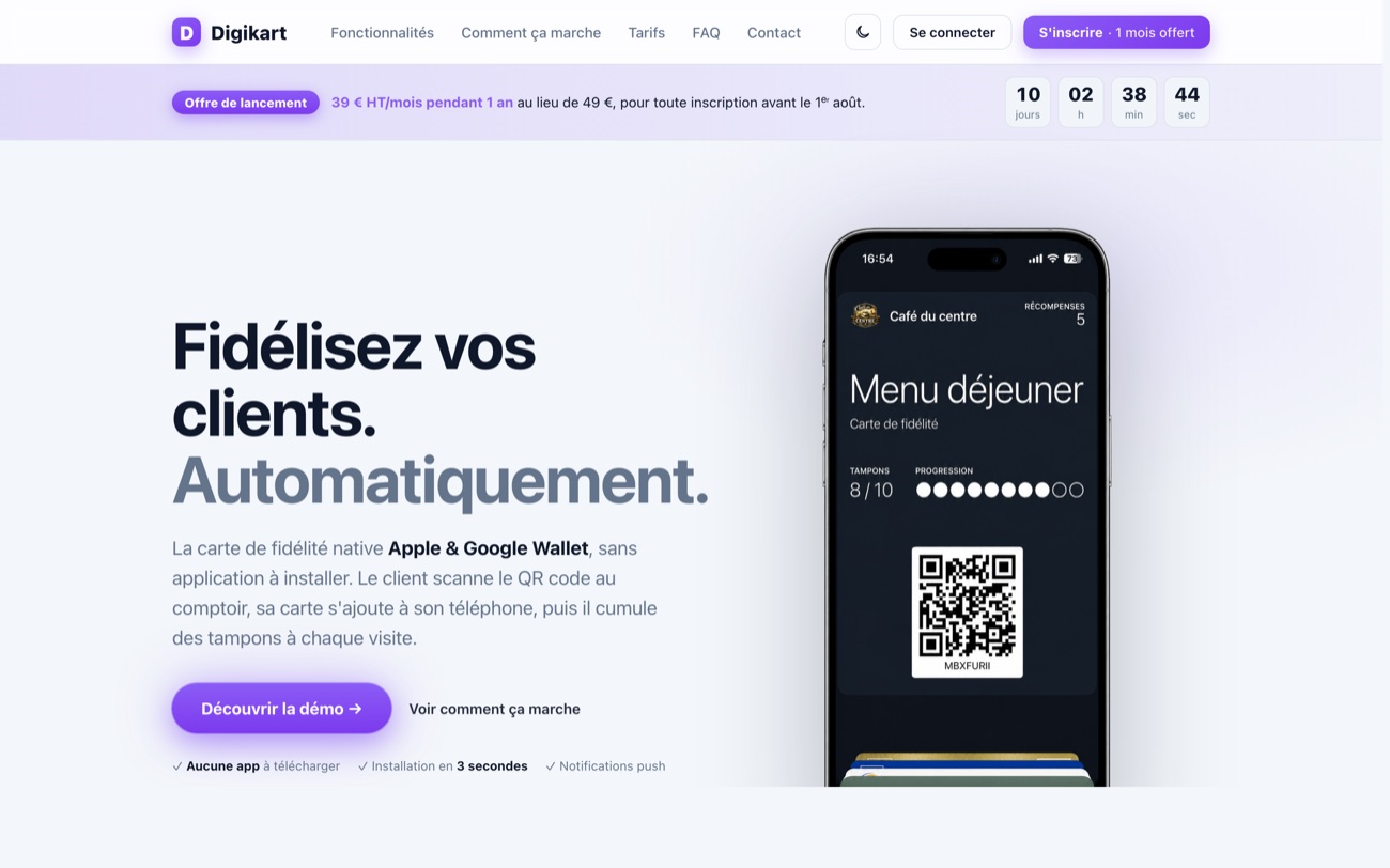 Page d’accueil de DigiKart, plateforme SaaS de fidélité client